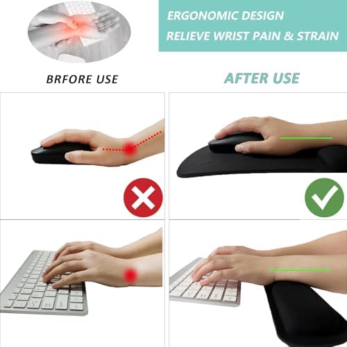 Keyboard Wrist Rest Pad Mouse Pad with Wrist Support Set of 3, Gaming Mousepad with Non-Slip Rubber Base, Ergonomic Memory Foam Mouse Cushion Support for Home Office Laptop Computer, Black