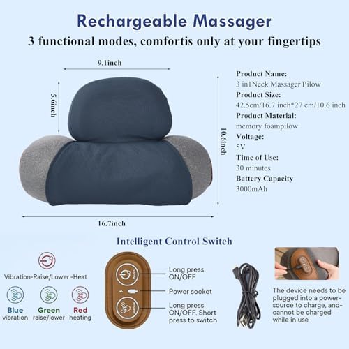 3-in-1 Neck Massager Pillow with Heat - Deep Tissue Vibration Massage & Cervical Traction for Neck Pain Relief, Portable Rechargeable Neck Hump Corrector (Rechargeable)