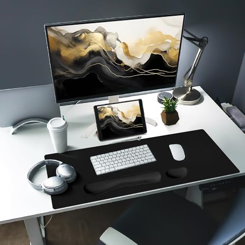 Bloss Leather Desk Pad and Keyboard Wrist Rest, Non-Slip Large Mouse Pad + Keyboard Pad + Mouse Wrist Support, Desk Mat Protector for Office, Home(27.6" x 13.8", Black)