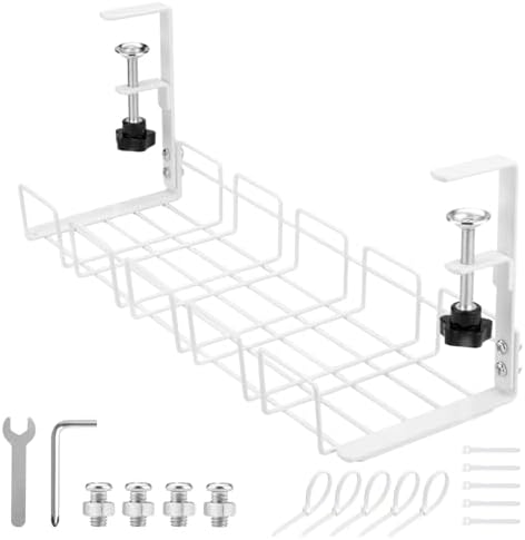 Under Desk Cable Management Tray, 15.7'' Metal Wire Organizer with Clamp, No Drill Desk Cord Rack for Cable Management, Computer Wire Organizer for Office and Home, Sturdy & Scratch-Free