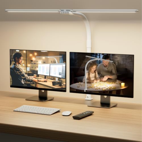 SIBRILLE LED Desk Lamp for Home Office - Dimmable Computer Desk Light with Clamp, Modern Architect Task Lamp with Color Changing, Flexible Desktop Lamp with Gooseneck for Monitor, Double Head, White