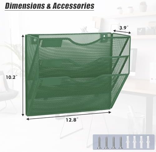 EASEPRES 3 Pocket Mesh Hanging Wall File Organizer, Wall Mounted Mail Paper Document Folder Holder, Clipboard Storage Organization Magazine Rack with Nametag Label for Office Home School, Dark Green
