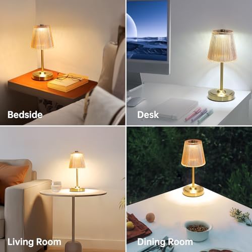 Shenmoyl Cordless Touch Table Lamp with 5200mAh Battery - 3 Adjustable Color Temperatures & Dimmable, Rechargeable Desk Lamp for Bedroom, Living Room, Office, Entryway, Bookshelves (Amber Stripe)