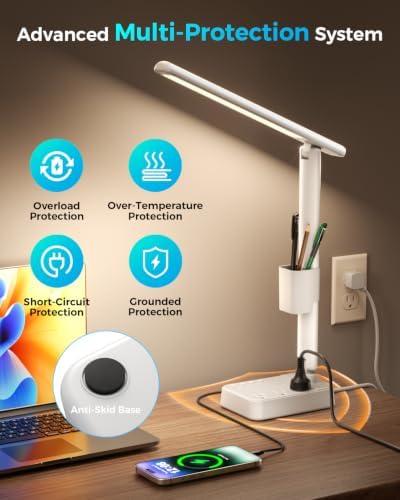 LED Desk Lamp with Power Strip, 3 AC Outlets, 4 USB Ports, Stepless Dimming