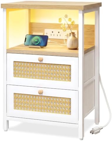 Fixwal Night Stand with Charging Station, Led Nightstand, 2 Fabric Drawers