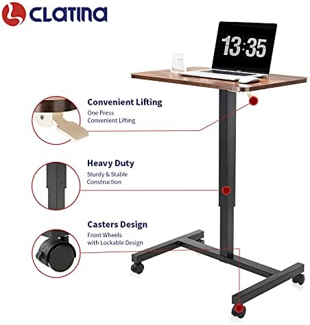 CLATINA Mobile Laptop Desk Pneumatic Sit to Stand Table Height Adjustable Rolling Cart with Lockable Wheels for Home Office Computer Workstation 28" x 19" Brown Round Edge Design Elegant