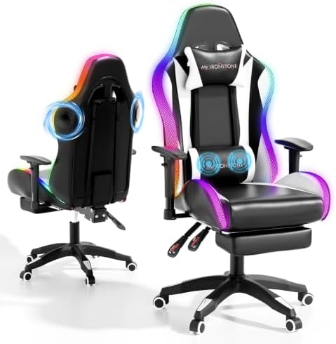 Mr IRONSTONE RGB Gaming Chair with Bluetooth Speakers, Ergonomic Gamer Chair with LED Lights, Vibration Lumbar Support, Footrest and High Back Reclining Design for Adults, Black