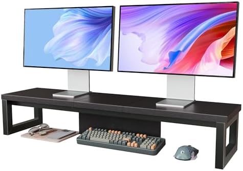 Dual Monitor Stand Riser, Wood and Steel Monitor Stand for Desk, Multi-Purpose Desk Shelf Organizer for Computer, Laptop, Printer, TV, Black