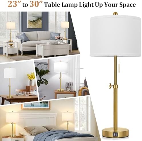 Kondras Table Lamp Set of 2, Bedside Lamp with 2 USB Ports, Gold Tall Table Lamp for Living Room End Tables, 23" to 30" Height Adjustable Lamp for Bedroom, Farmhouse Table Lamps with Pull Chain, E26