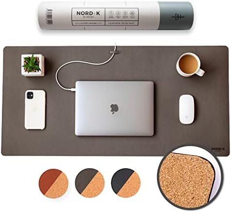 Nordik Leather Desk Mat - Cork Gunmetal Gray - Leather Desk Pad 35x17 in