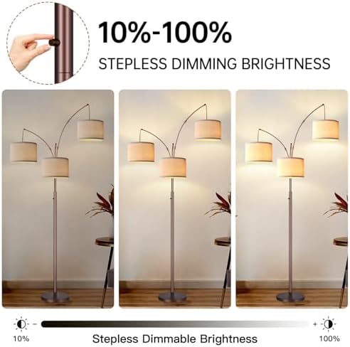 Dimmable Floor Lamp, 3 Lights Brown Arc Floor Lamp, Modern Tall Standing Tree Lamp with Beige Linen Shades & Heavy Base, 3000LM LED Bulbs, Bright Lighting for Living Room, Bedroom, Office & Reading