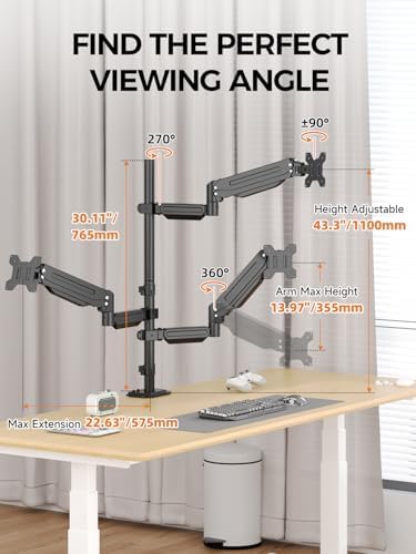 Bracwiser Triple Monitor Mount for Max 34" Screens, up to 24.25lbs Each, Full Adjustable 3 Monitor Desk Stand, Three Gas Spring Arm with Tilt Swivel Rotation, VESA 75x75/100x100mm, Black, MDX883B