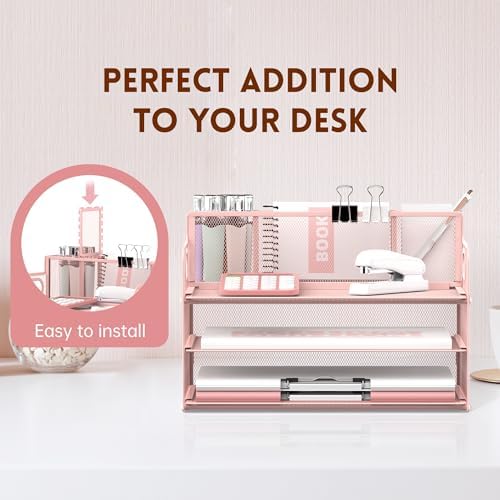 3-Tier Desk Organizer with Pen Holder and Handles, Paper Organizer, Pink