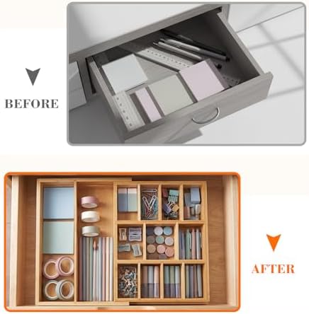 Bamboo Sliding Desk Drawer Organizer 9'' up to 17.9'' x 12'' x 2.2'' Expandable Office Desk Accessories Supplies Tray with 11 Compartments for Pens, Notebooks, Rulers, and Makeup Jewelry Vanity