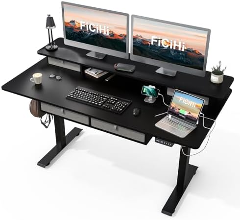 FiCiHi 55x30Inch Standing Desk with Drawers,Electric Height Adjustable Desk