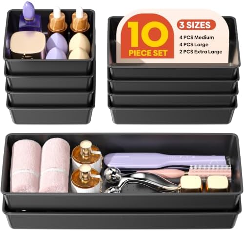 10 Pack Large Size Plastic Drawer Organizers Set, 3 Sizes Desk Drawer Organizer Trays, Storage Bins for Vanity, Makeup, Bathroom, Kitchen Utensils and Office (Black)