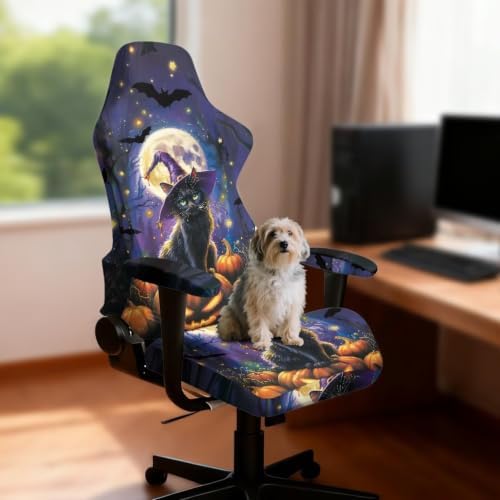 Halloween Gaming Chair Protector Slipcover 4-Piece Fits Office/PC Boss Recliners Anti-Scratch Washable with Zipper for Living Room Witch Black Cat Pumpkin