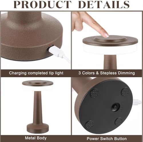 Riakrum 1 Pcs LED Cordless Table Lamp Bulk Rechargeable,Brown