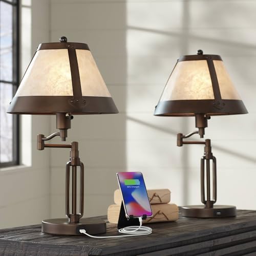 21 1/4" Bronze Brown Table Lamps Set of 2 Swing Arm with USB Charging Port
