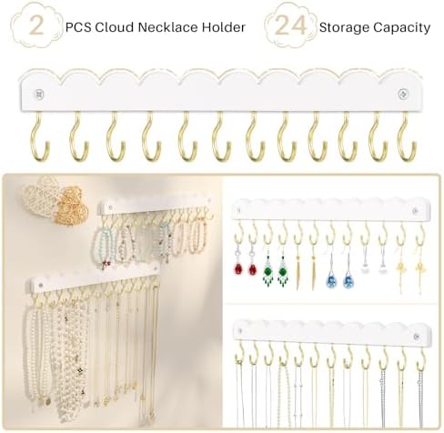 2 Pack Necklace Holder Organizer Wall Mount, Wooden Necklace Hanger Storage Hanging Jewelry Organizer with 12 Hooks for Necklaces, Bracelets, Rings and Bangles Display