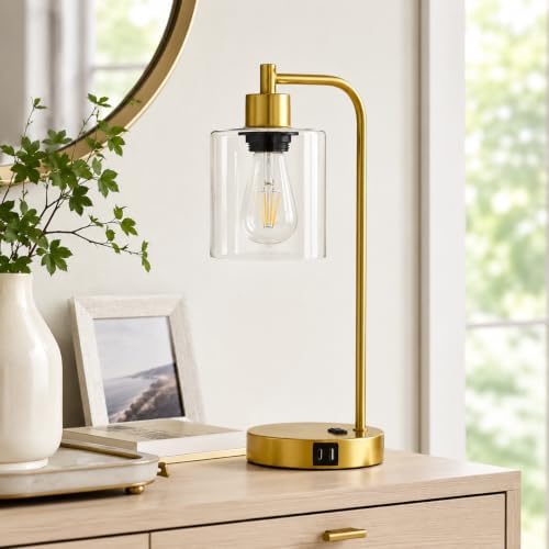 Industrial Touch Control Table Lamps Set of 2 - Gold Nightstand Bedside Lamps with 2 USB Ports & AC Outlet, 3-Way Dimmable Desk Lamp for Bedroom Living Room, Glass Shade & 2 LED Bulbs Included