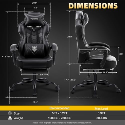 Vonesse Gaming Chair, High Back Office Chair with Footrest and Massage, Gaming Chairs for Adults with Pocket Spring Cushion, Big and Tall Reclining Computer Chair with Lumbar Support (Classic Black)