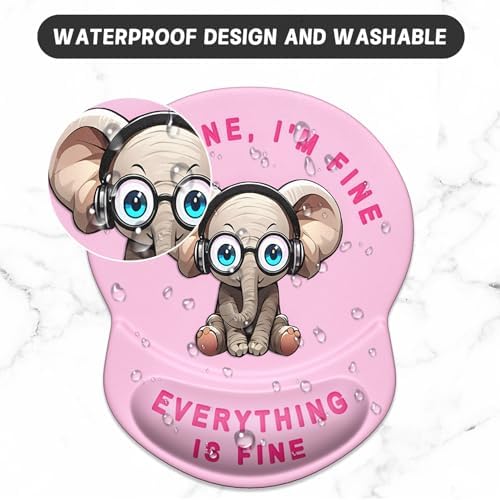 ITNRSIIET Ergonomic Mouse Pad with Gel Wrist Support Small Wrist Rest Smooth Surface Non-Slip PU Base Comfortable Office Supplies Pain Relief, 8.7 x 7.2 inches, Pink Pretty Elephant