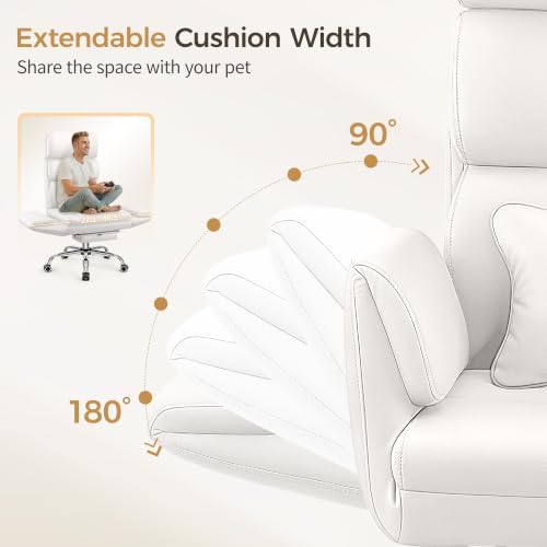Big and Tall Office Chair 500LBS, Ergonomic High Back Leather Executive Chair, Reclining Swivel with Adjustable Armrests Lumbar Support Footrest, Cross Legged, White