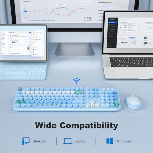 MOFII Wireless Keyboard and Mouse Combo, Full Size 2.4G Plug and Play Typewriter Retro Round Computer Keyboard and Mouse Set for Windows, Computer, Desktop, PC, Notebook - (Blue Colorful)