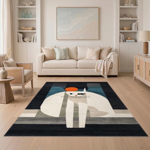 5'x7' Black White Cat Artistic Feline Design Washable Area Rug