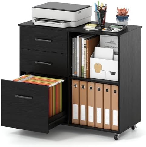 Giantex 3-Drawer Mobile File Cabinet, Rolling Printer Stand with Open Storage Shelves, Under Desk Lateral Filing Cabinet for Letter/A4 Size, Wooden Office Organizer with Wheels for Home Office (Black)