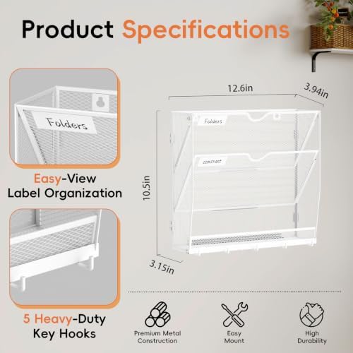 Wall File Holder Hanging Wall File Organizer, Wall Mount Mail Holder and Paper Organizer with Bottom Shelf & 5 Hooks for Office Home School (3-Tier White)