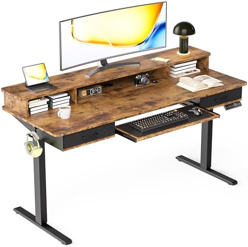 Electric Standing Desk with Keyboard Tray, 63x24 Inches Height Adjustable Stand up Desk with 2 Drawers, Ergonomic Sit to Stand Table with Storage Monitor Stand, Rustic Brown