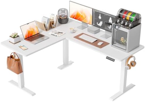 FEZIBO 63" x 55" L-Shaped Standing Desk - Adjustable Corner Desk L Shape, L-Shaped Adjustable Desk with Splice Board, L Shape Standing Desk, White