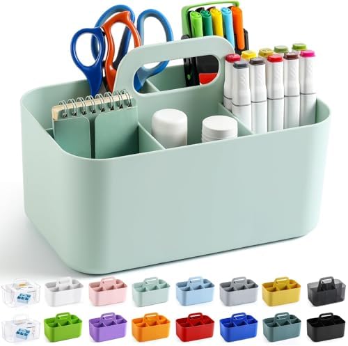 Multiuse Caddy Organizer with Handle, Portable Divided Plastic Tote Bin - Art Craft, Stationary Pen Marker Crayons, Makeup Hair Supplies Storage - Bathroom, Classroom, Dorm, Office, Desk Holder - Mint