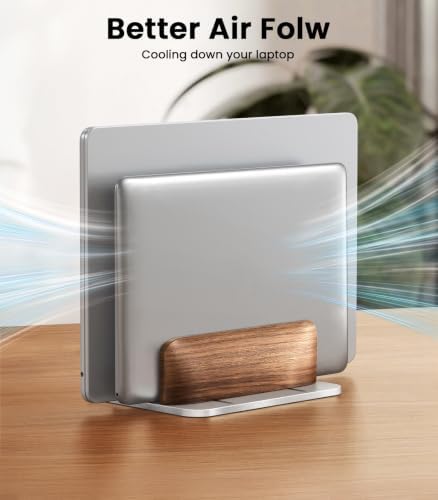LOXP Vertical Laptop Stand, Dual Slot Wooden + Aluminum Laptop Holder