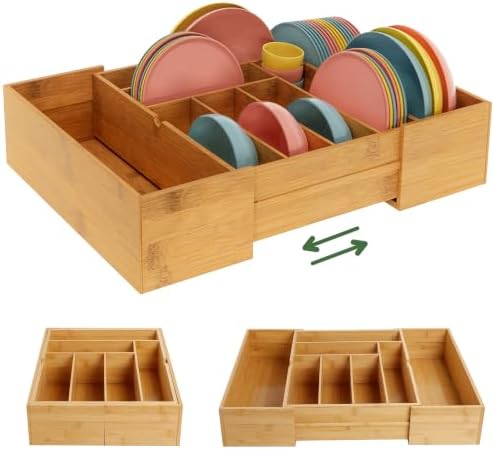 BAMEOS 3.9inch Tall Bamboo Drawer Organizer, Expandable Utensil Holder with 8 Compartments, Adjustable Kitchen Drawer Divider for Flatware, Silverware and Gadgets, Deep Storage for Home and Office