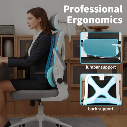 Ergonomic Office Chair - Desk Chair with Adjustable Headrest Lumbar Support Computer Chair - Mesh Comfy Chair with Flip-up Armrests - Gaming Chairs for Adults Home Office 330 LBS (White+Black)