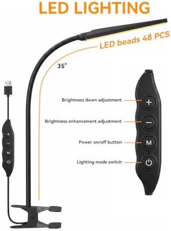 Eye-Caring Adjustable LED Reading Clamp Desk Lamp with 48 LEDs Flexible Neck, 3 Color Modes & 11 Brightness Levels for Office Bedroom Study (Black)