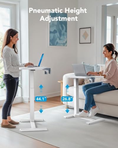 HUANUO 28Inch Bedside Table with Wheels, Height-Adjustable Rolling Computer Cart, Overbed Table with Cup Holder, Pneumatic Laptop Standing Desk for Home Office, White