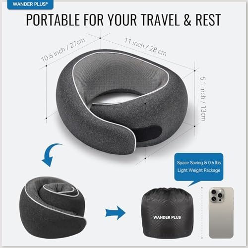WANDER+® Travel Neck Pillow, Pure Memory Foam Neck Pillow for Airplanes, Comfortable Breathable Cover, 360 Degree Support Ergonomic Design Best for Sleeping Plane Train Travel Essentials Max Sky Blue