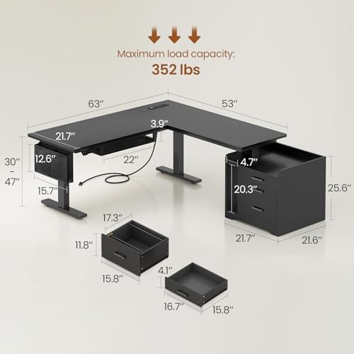 SEDETA L Shaped Standing Desk with File Cabinet, 3 Drawers, Power Outlet