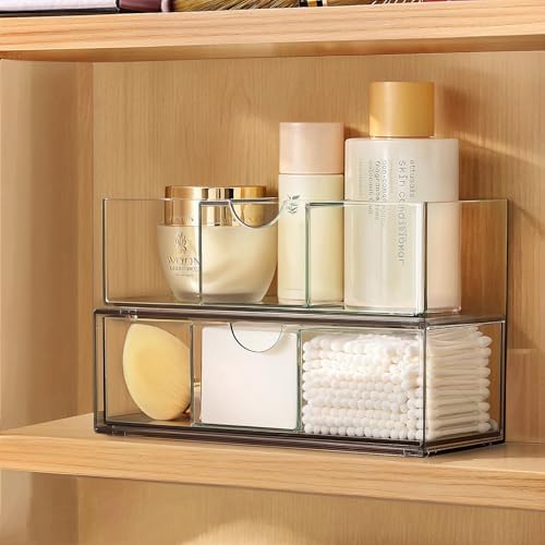 PAVSTINE Medicine Cabinet Organizer 2 Pack, Stackable Storage Drawers with Removable Divider, Make Up Organizer for Bathroom Mirror Cabinets, Vanity, Closet, Countertop - Clear