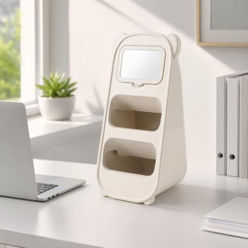 Cute Bear Pen Holder for Desk with Detachable Magnetic Mirror, Aesthetic Cream White Desk Organizer, 2-Compartment Pencil Cup Storage for Office & School