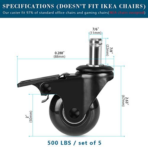 Hirate 5 Pack 2 inch Office Chair Caster Wheel Universal Stem 7/16" x 7/8"