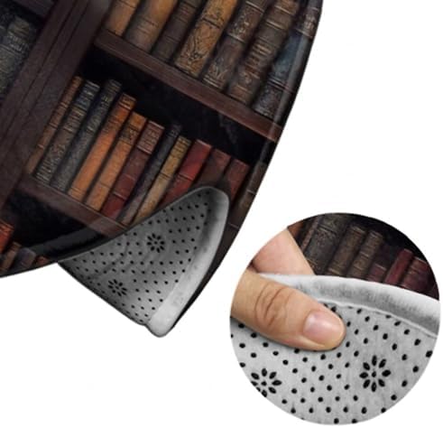 Women's Large Home Decor Mat, Soft Round Yoga Carpet, Non Slip Machine Washable Home Office Circle Rug Vintage Bookshelf Library Books