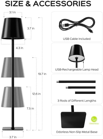 JACKYLED Cordless Table Lamps Rechargeable, 3 Height, 5000 Capacity