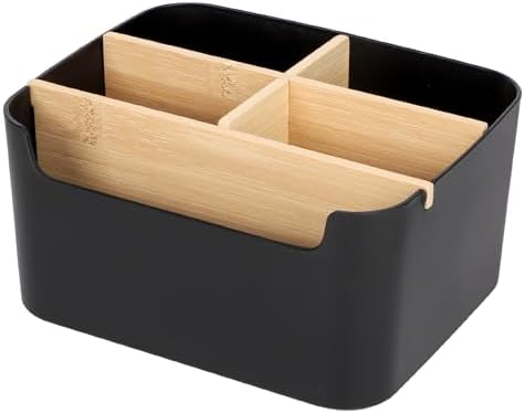 Segarty Black Desktop Organizer, Detachable Bamboo Remote Control Holder, Desk Storage Box Pencil Pen Holder Caddy for Office Home Bedside Nightstand Organization