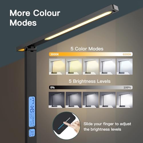 LAOPAO LED Desk Lamp with Wireless Charger: Desk Lamps for Home Office Bedroom, 5 Color Modes & Brightness Dimmable, 2 Night Light