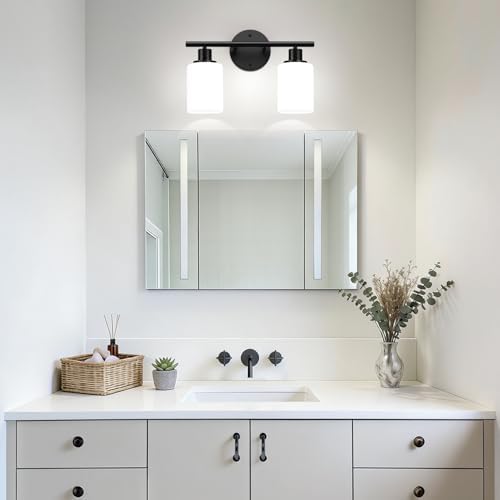 Zarbitta 2-Light Bathroom Light Fixtures,Black Modern Vanity Lights with Milky White Frosted Glass Shades,Bathroom Wall Lamp for Mirror Kitchen Living Room Hallway Cabinet Porch